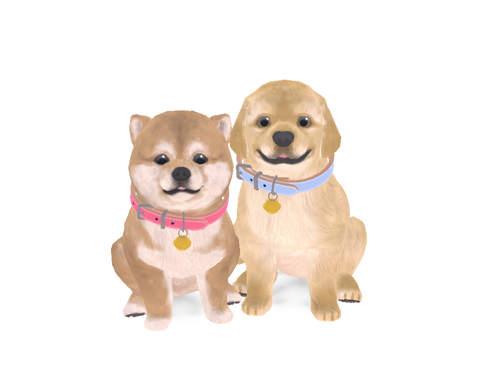肩を寄せ合い、こちらを見つめる柴犬とゴールデンレトリーバーの子犬